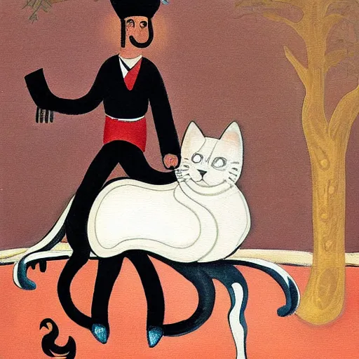 Prompt: a man riding a cat, gauche detailed painting, stylized