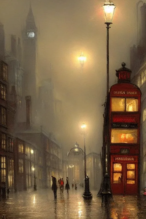 Prompt: beautiful painting of old London street scene spooky dark fog painted by edward hoppern, thomas kinkade, , Ríos