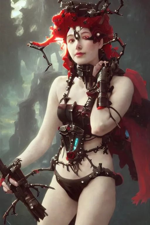 Prompt: Portrait of beautiful pale smiling anime cyborg maiden in bikini armor with crown of thorns and glowing red eyes, steampunc, Warhammer 40000, digital art from artstation by Ruan Jia and Mandy Jurgens and Artgerm and william-adolphe bouguereau