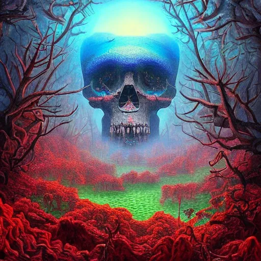 Prompt: A a giant skull made of red crystal in the center, a forest on either side, 8K, Ultra Realistic,mega structures inspired by Heironymous Bosch's Garden of Earthly Delights, vast surreal landscape and horizon by Asher Durand and Cyril Rolando and Thomas Kinkade, rich pastel color palette, masterpiece!!, grand!, imaginative!!!, whimsical!!, epic scale, intricate details, sense of awe, elite, fantasy realism, complex composition, 4k post processing