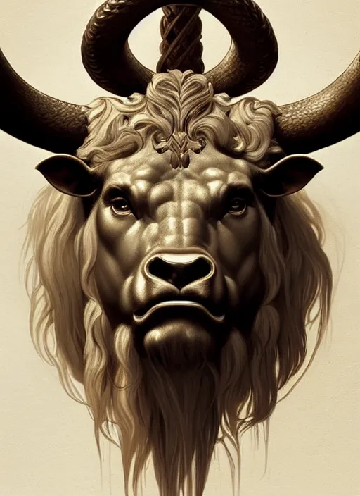 Prompt: symmetry!! portrait of minotaur, ancient greece, intricate, elegant, highly detailed, digital painting, artstation, concept art, smooth, sharp focus, illustration, art by artgerm and greg rutkowski and alphonse mucha, 8 k