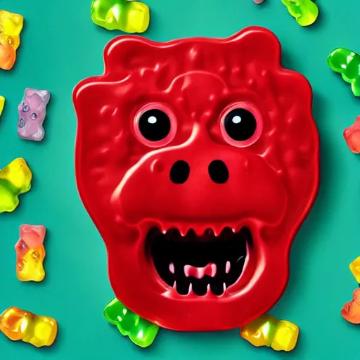 Image similar to a monster gummy bear tries to eat kids inside a kindergarten