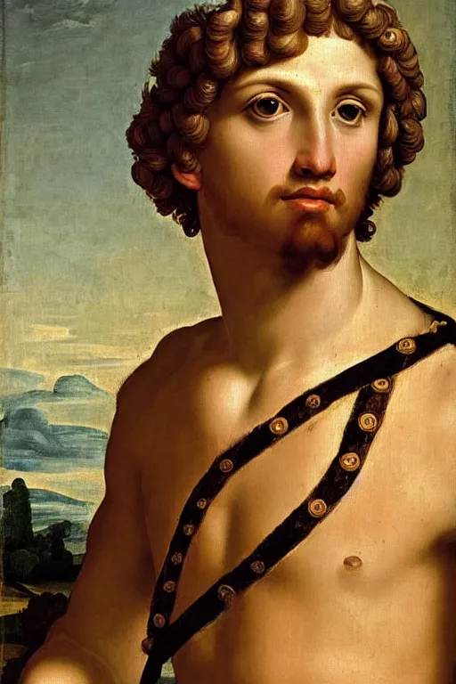 Image similar to renaissance painting of man, short blonde hair, thoughtful face, emotions closeup, dressed in roman armour, the beautiful garden with olive leaves, ultra detailed, art by Guido Reni style, Vincenzo Catena style