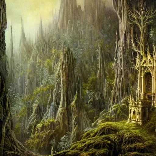 Image similar to a beautiful and highly detailed oil painting of an elven temple deep in the misty mountains, secret valley, tall spires, beautiful trees, ancient runes, intricate details, epic scale, insanely complex, 8 k, sharp focus, hyper realism, fantasy landscape, psychedelic, by caspar friedrich and brian froud,