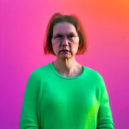 Image similar to un ultra high definition contemporary photographic portrait of a fictional female fine artist named oxoxoxox oxoxox standing outside her home. she is renowned for her use of bright colours and thick geometric patterns. three point light. golden hour, golden ratio, ray tracing, volumetric light and shadow, shallow depth of field.