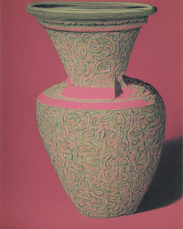 Prompt: achingly beautiful print of intricately painted ancient greek krater on a pink background by rene magritte, monet, and turner.