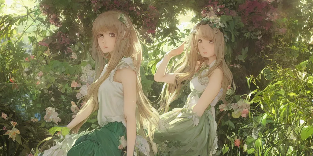 Image similar to a digital art of a loli with long hair in a dress in the privet garden at after noon, green and warm theme, by krenz cushart and mucha and akihito yoshida and greg rutkowski and makoto shinkai, long shot, back lighting, detailed eyes, 4 k resolution, trending on art station