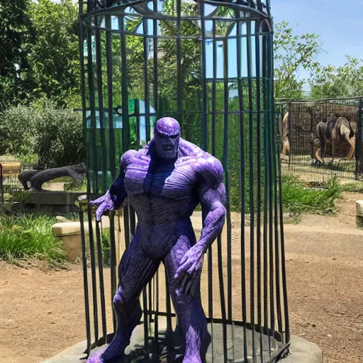 Image similar to Thanos in a cage, being watched by a family at the zoo