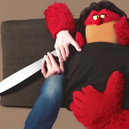 Image similar to elmo holding a bloody knife, standing over a sleeping woman, forced perspective, tv still