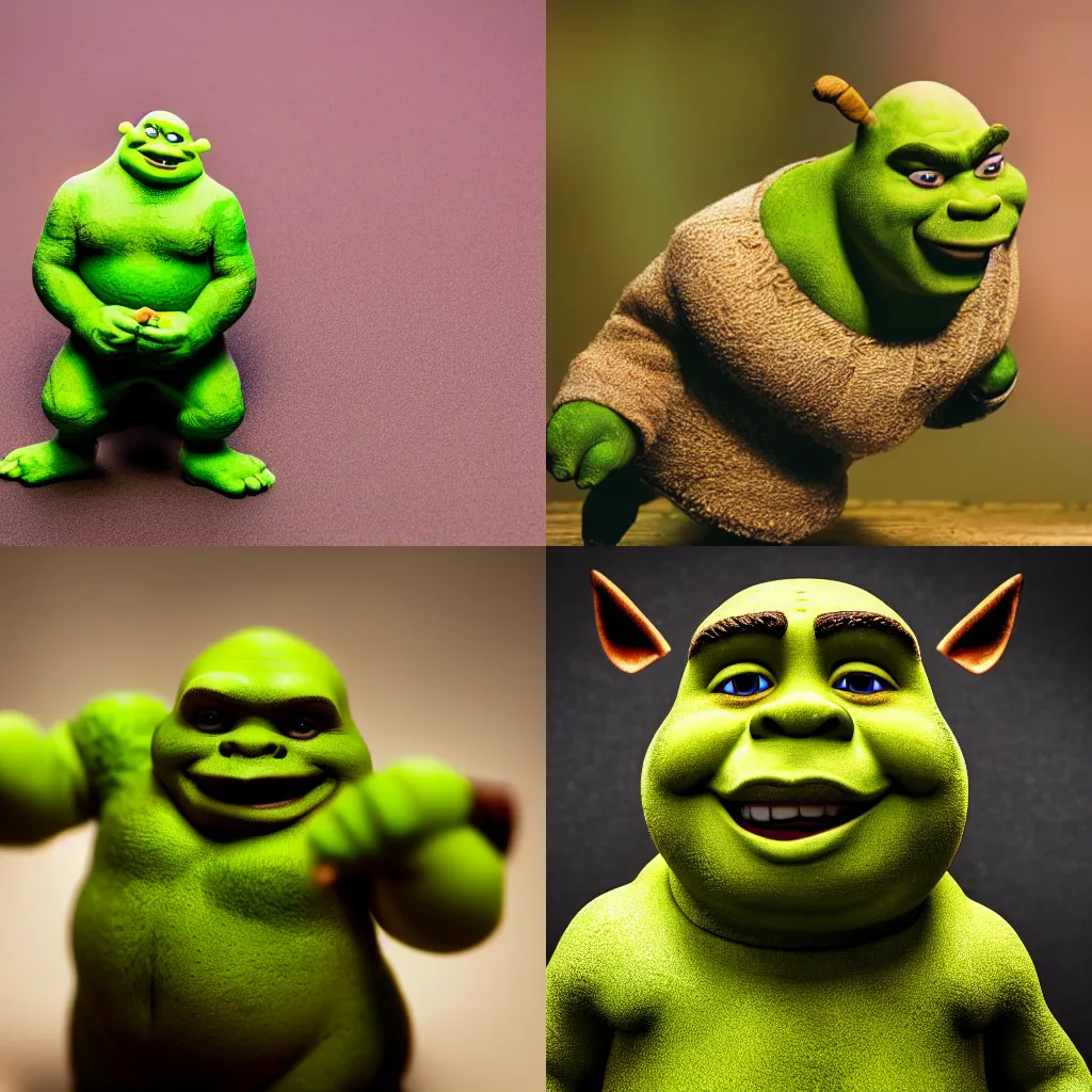 Prompt: macro photo of a tiny shrek