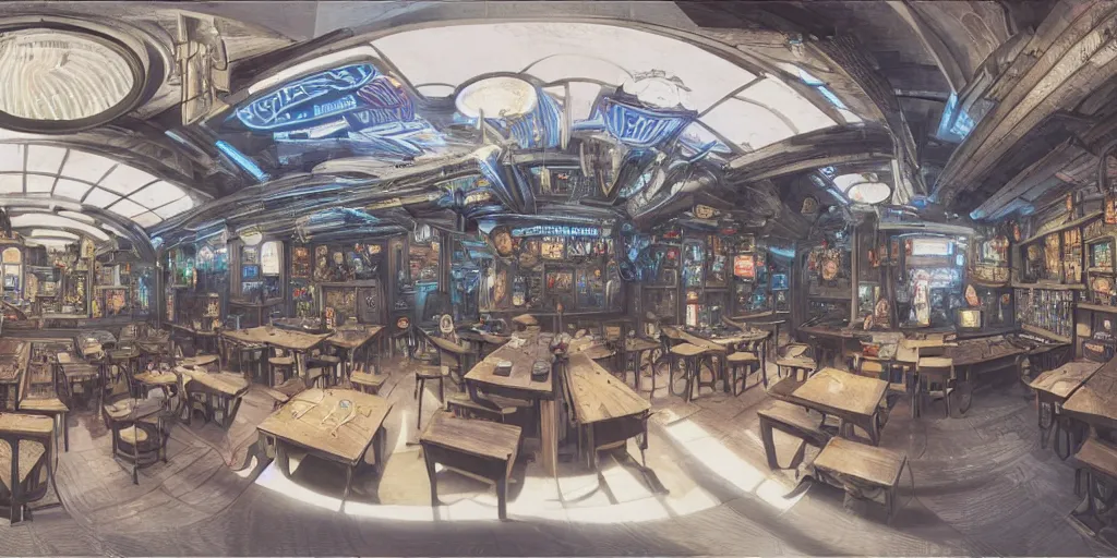 Image similar to Highly detailed realistic photo of interior design in style of Hiromasa Ogura and Josan Gonzalez of detailed cyberpunk tavern with minimalism stone walls and neon lights, a lot of electronics and people, many details. Natural white sunlight from the transperient roof. Panorama on 360 degrees Rendered in 32K in VRAY and DaVinci Resolve and MAXWELL and LUMION 3D, Volumetric natural light