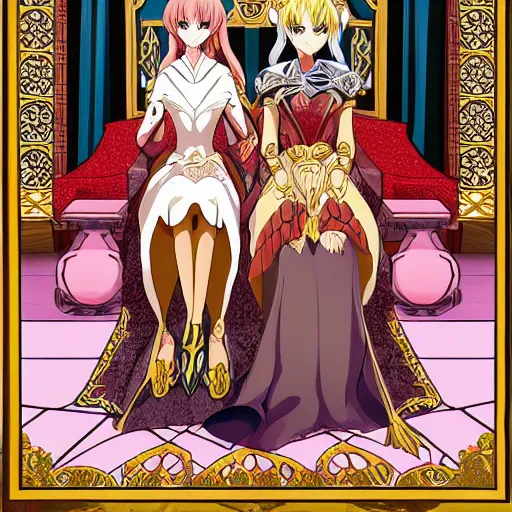Prompt: two beautiful queens sitting on their thrones facing each other, detailed anime art n 6