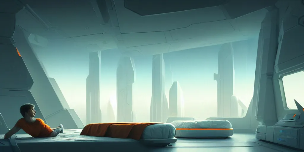 Image similar to a gorgeous sci - fi bedroom matte painting by john harris, sparth and greg rutkowski. sharp edges, tiffany blue, grey orange, white and golden. sci - fi bedroom in a space base, outside the windows a future city skyline, light effect. ultra clear detailed, 3 d, octane render. 8 k