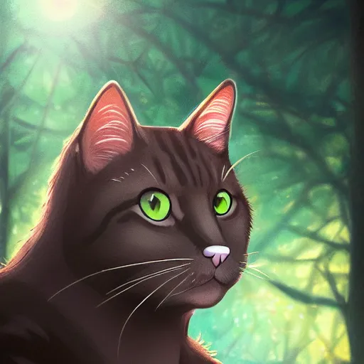 Image similar to portrait of a cat in a forest, by kawacy, sunlight, trending on pixiv, bokeh, furry art, anime, dramatic lighting, digital art