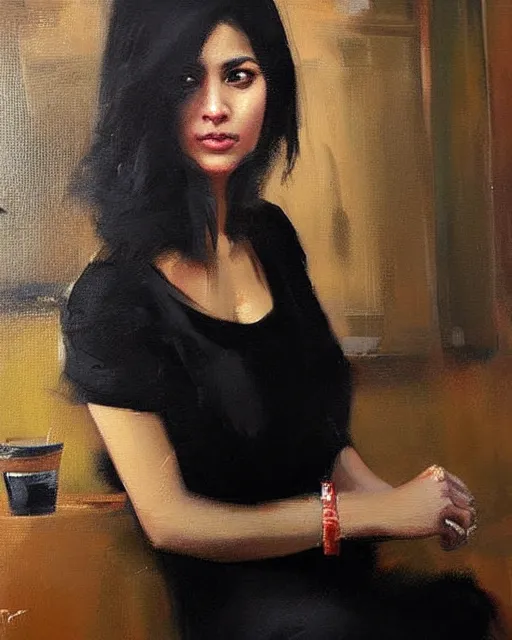 Prompt: beautiful portrait painting an gorgeous delhi girl wearing a little black dress at a bar, oil painting, art by ruan jia