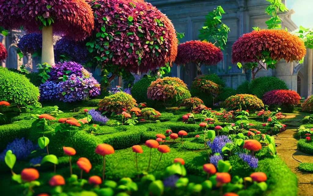 Image similar to a sprawling garden with many flowers and vines, sunny day, beautiful lighting, vivid colors!, highly detailed, cinematic, octane render, 4 k, trending on artstation, deviantart featured