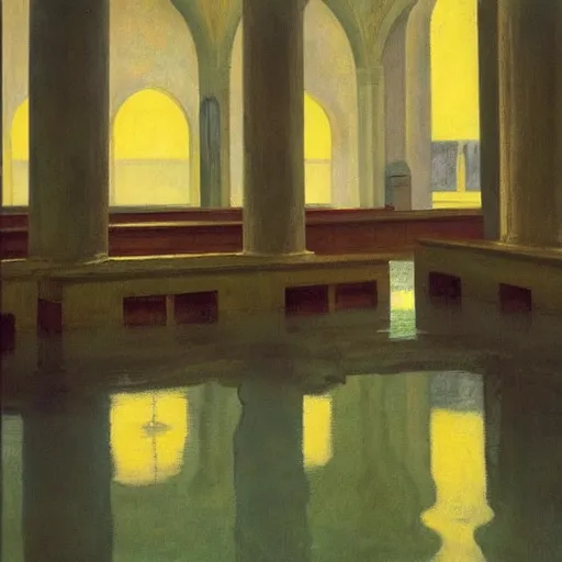 Image similar to a flooded cathedral, film still by edward hopper, by Bosch, by klimt, art noveau, highly detailed, strong lights, liminal, eerie, Bright pastel colors