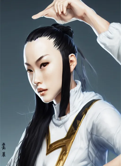 Image similar to a highly detailed illustration of fierce tall amazon messy ponytail black haired one armed delinquent japanese woman wearing uniform white cap wearing long white jacket with cape, muscular, intricate, elegant, highly detailed, centered, digital painting, artstation, concept art, smooth, sharp focus, league of legends concept art, wlop.