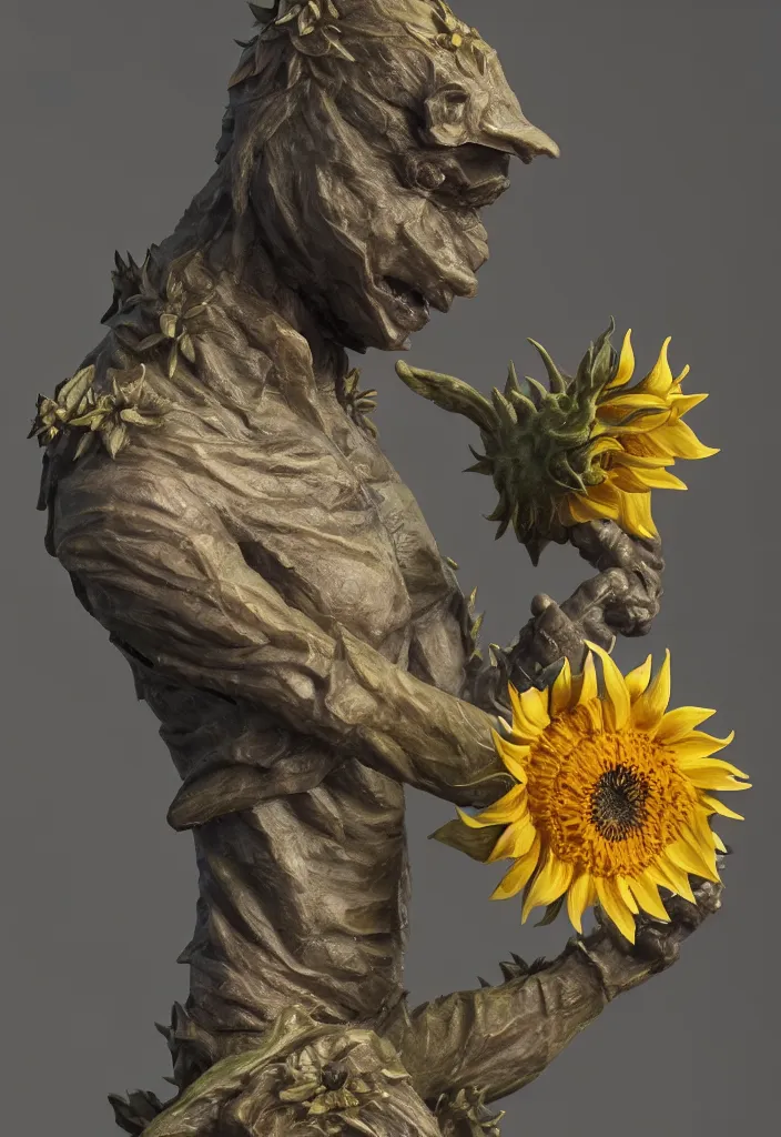 Image similar to a small hybrid sunflower statue by greg rutkowski, sung choi, mitchell mohrhauser, maciej kuciara, johnson ting, maxim verehin, peter konig, 8 k photorealistic, cinematic lighting, hd, high details, dramatic, atmosphereric, trending on artstation