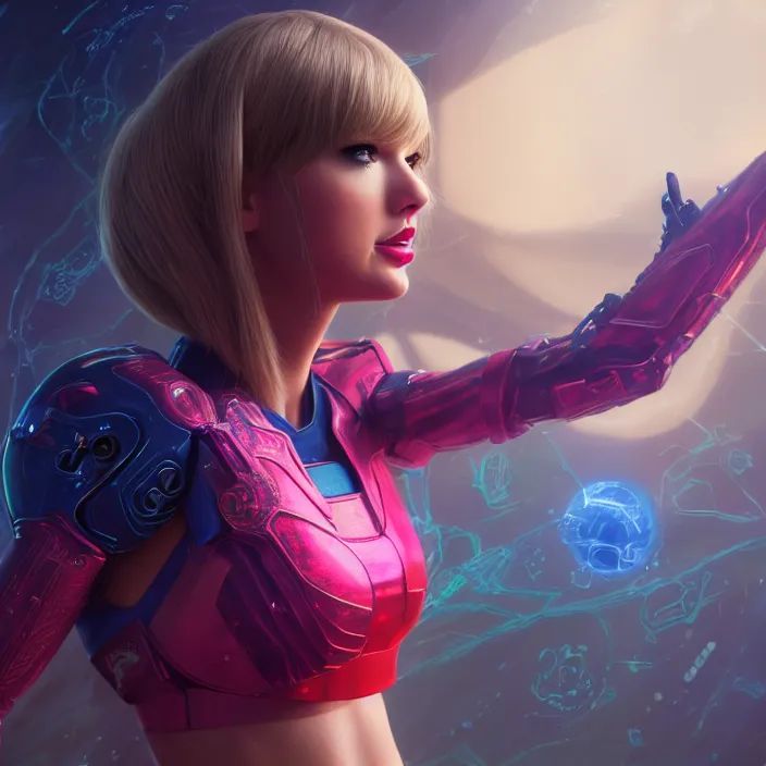 Image similar to portrait of Taylor Swift as SAMUS ARAN. HD, 4K. intricate abstract. intricate artwork. by Tooth Wu, wlop, beeple, dan mumford. octane render, trending on artstation, greg rutkowski very coherent symmetrical artwork. cinematic, hyper realism, high detail, octane render, 8k, iridescent accents