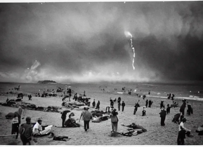 Prompt: vintage photo of a pizza party on omaha beach in normandy with explosions in the background