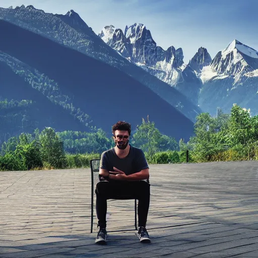 Prompt: digital painting of a software developer sitting outside in front of a modern campus building with beautiful mountains in the background, summer, alps, 4k, unreal, digital health