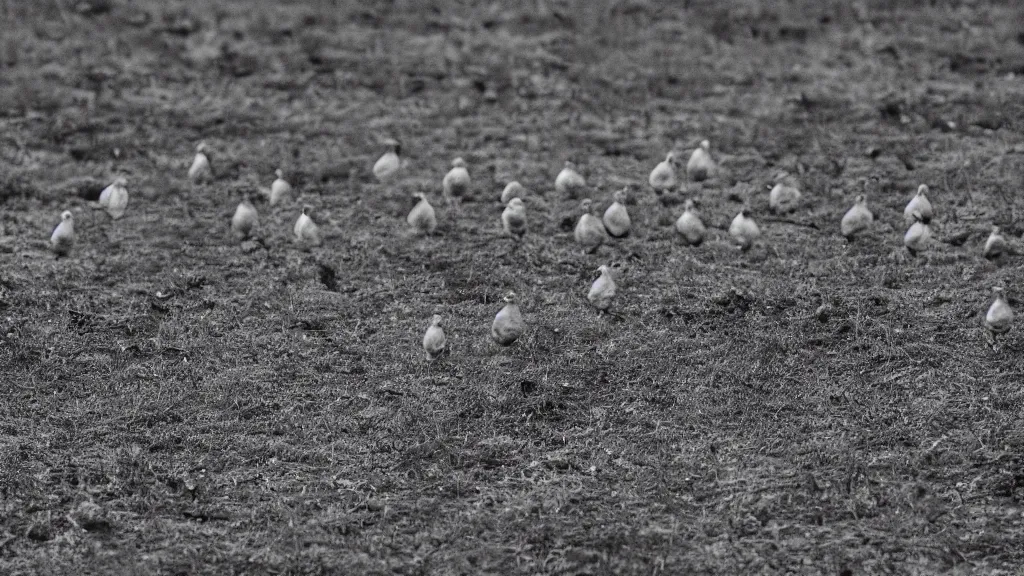 Prompt: a blue monochromatic filtered photo of small birds standing on the ground.