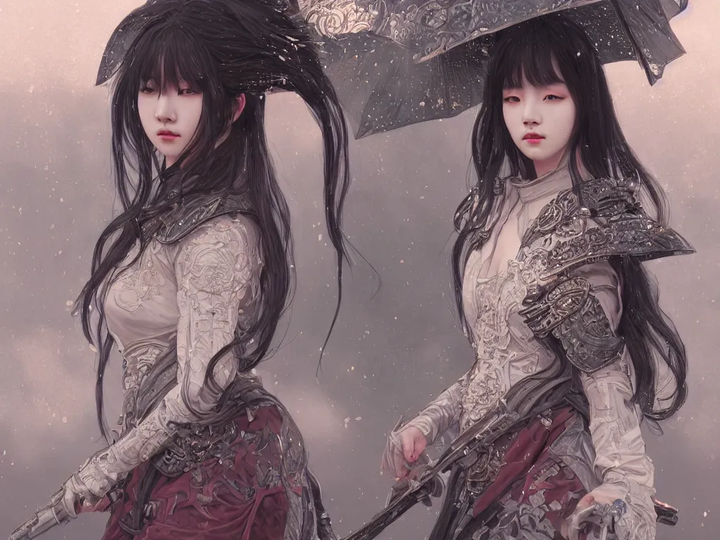 Image similar to portrait jisoo blackpink, grey hair armored samurai clothes, in fire japanese temple wet night, ssci - fi and fantasy, intricate and very very beautiful and elegant, highly detailed, digital painting, artstation, concept art, smooth and sharp focus, illustration, art by tian zi and wlop and alphonse mucha