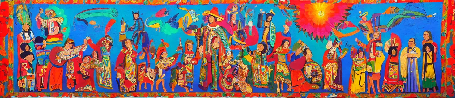 Prompt: [ mexican folk art ] mural depicting joseph and the amazing technicolor dreamcoat