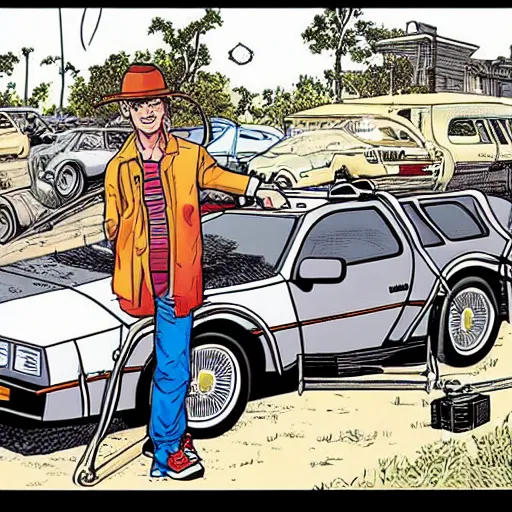 Image similar to marty mcfly is in front of a delorean time machine, style of Geof Darrow