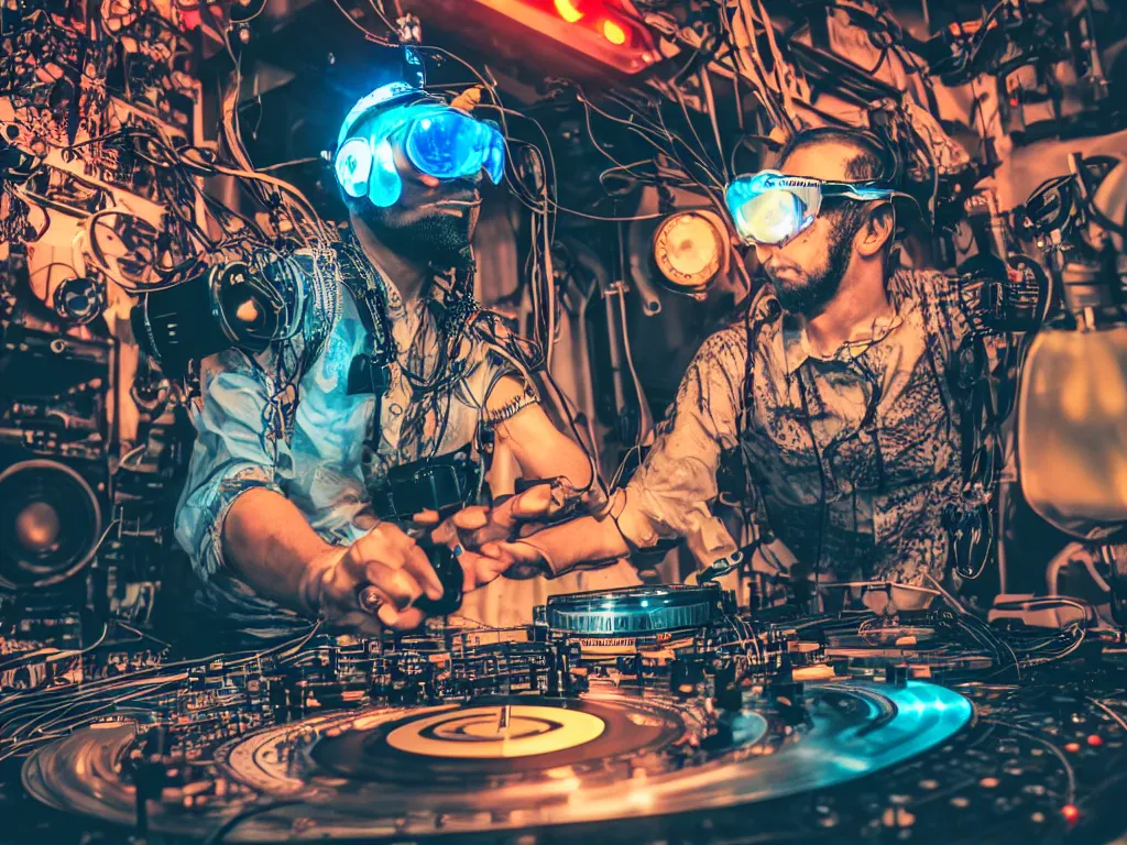 Image similar to a person wearing goggles and visor and headphones using a steampunk record player contraption, wires and tubes, turntablism dj scratching, intricate planetary gears, cinematic, imax, sharp focus, leds, bokeh, iridescent, black light, fog machine, hazy, lasers, hyper color digital art, cyberpunk