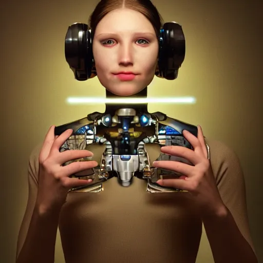 Image similar to a beautiful intricate fine art portrait photo of a happy mechanical futuristic cybernetic female cyborg reading a letter of admission held in her hands, by tom bagshaw and zach sutton, eyes light up, happiness!, perfection!, studio lighting, golden ratio composition, 50mm lens, bionic, cybernetic scifi, deep depth of field, artstation, 8K