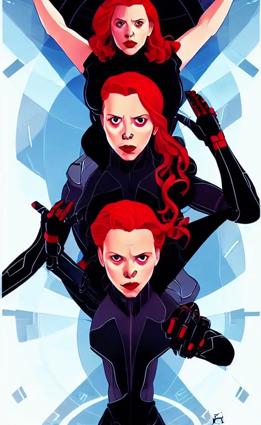 Image similar to rafeal albuquerque comic art, joshua middleton comic art, artgerm, cinematics lighting, night time, pretty scarlett johansson black widow, big smirk, symmetrical face, symmetrical eyes, long red hair, full symmetrical body, flying in the air, jumping off rooftop