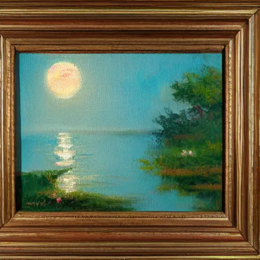 Image similar to A detailed, impressionist oil painting of moon shining over a lotus lake