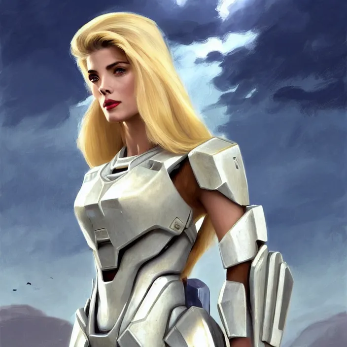 Image similar to A combination of Adriana Dxim's and Grace Kelly's and Ashley Greene's appearances with blonde hair wearing Forerunner armor from Halo, countryside, calm, fantasy character portrait, dynamic pose, above view, sunny day, thunder clouds in the sky, artwork by Jeremy Lipkin and Giuseppe Dangelico Pino and Michael Garmash and Rob Rey and Greg Manchess and Huang Guangjian, very coherent asymmetrical artwork, sharp edges, perfect face, simple form, 100mm