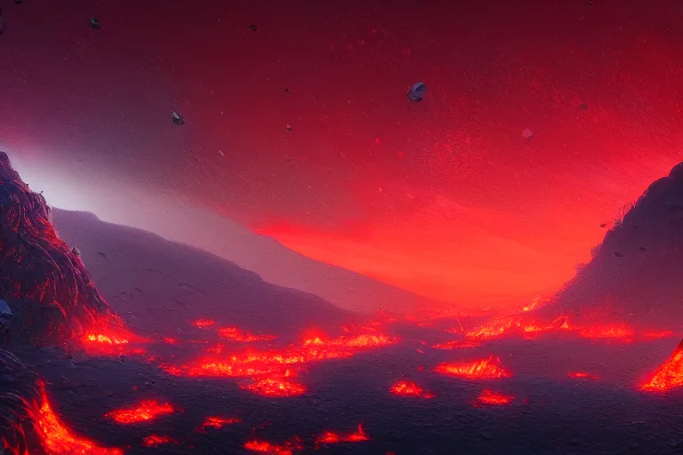 Image similar to red themed lava landscape, meteor shower, epic, miyazaki style, cinematic, indie, highly detailed, featured on artstation, highly detailed, abstract