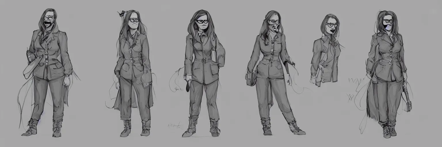 Prompt: female character study of mike patton and adolf hitter, evil woman, glasses, clear faces, emotional, character sheet, fine details, concept design, contrast, kim jung gi, pixar and da vinci, trending on artstation, 8 k, full body and head, turnaround, front view, back view, ultra wide angle