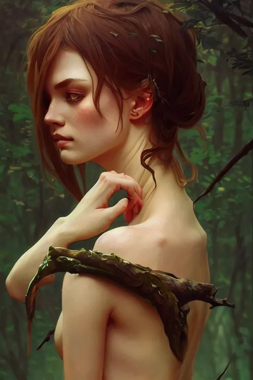 Image similar to a very beautiful savage girl, forest, fantasy, portrait, sharp focus, intricate, elegant, digital painting, artstation, matte, highly detailed, concept art, illustration, ambient lighting, art by ilya kuvshinov, artgerm, alphonse mucha, and greg rutkowski