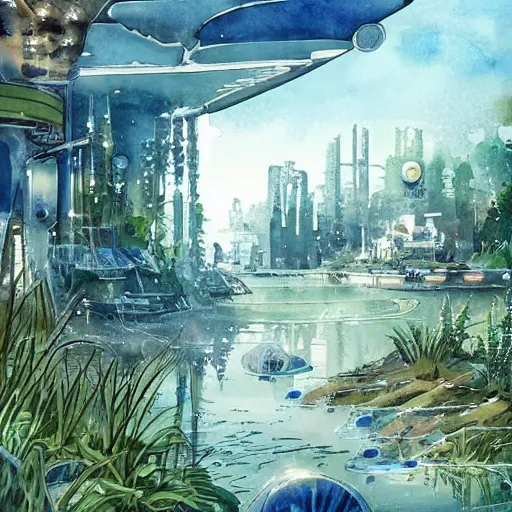 Image similar to Beautiful happy picturesque charming futuristic sci-fi town in harmony with nature. Beautiful light. Water and plants. Nice colour scheme, soft warm colour. Beautiful detailed watercolor by Lurid. (2022)