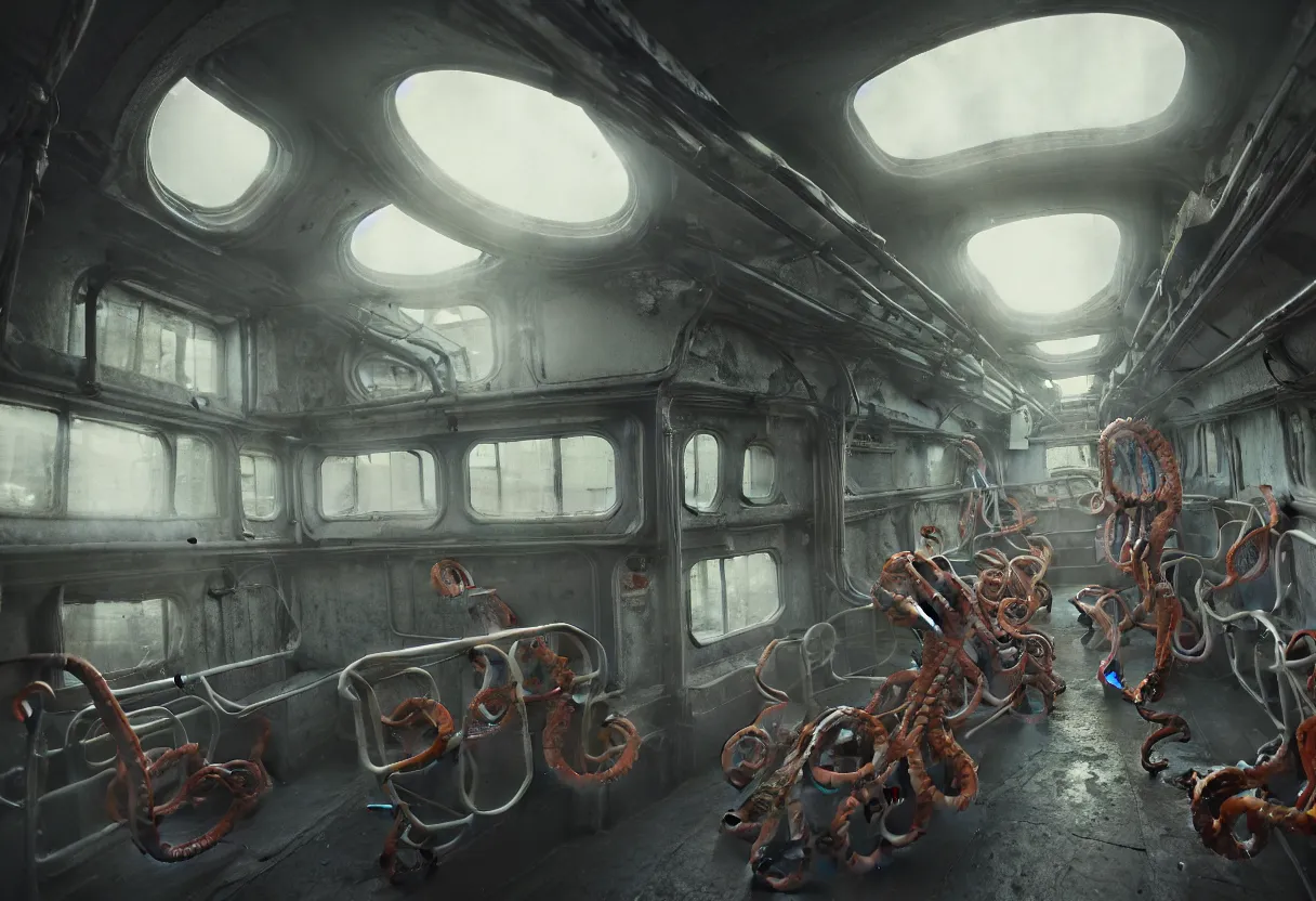 Image similar to the interior of a busy subway wagon, there is a huge monster octopus on the interior, tentacles creeping in through the windows and gaps, octane render, 4 k, urban photography,