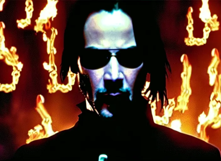 Prompt: A photo of Keanu Reeves as Neo in The Matrix movie doing a thumb up to the camera in front on burning servers, servers in flames in the background, doing a thumb up, The Matrix servers on fire, uncropped, full body, crispy, ultra detailed, cinematic