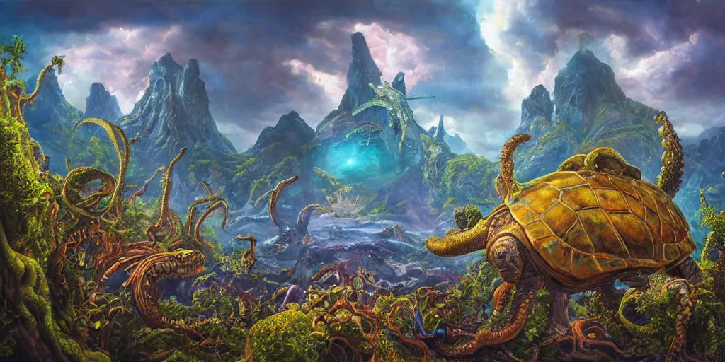 Image similar to fantasy oil painting, great leviathan, cybernetic turtle cephalopod terrapin reptilian pachyderm squid, bella hadid, hybrid, milla jovovich, anubis, epic natural light, lush plants flowers, spectacular mountains, bright clouds, luminous sky, outer worlds, golden hour, michael cheval, edward hopper, michael whelan, vray, hd