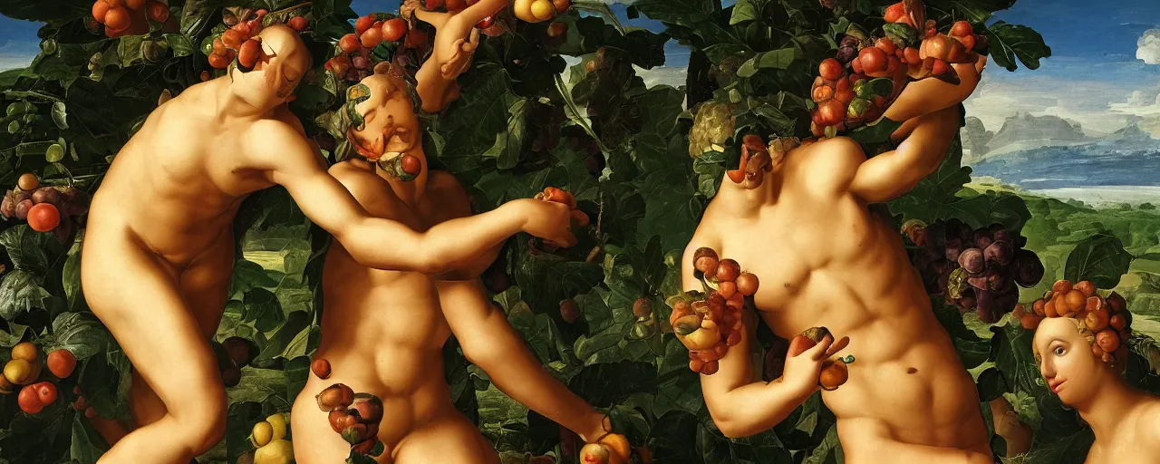 Image similar to cyborg and human, garden with fruits on trees, closeup, ultra detailed, Guido Reni style