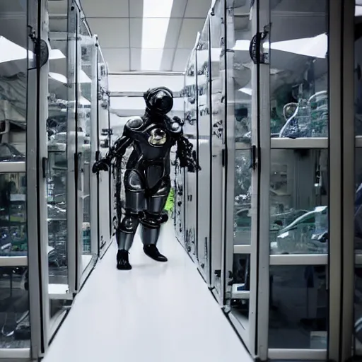 Image similar to a man in a mech suit walking in a lab, National Geographic photo, !!award-winning!!