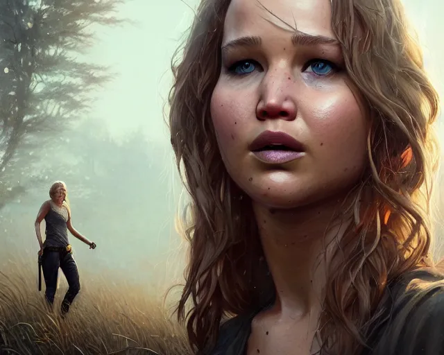 Image similar to highly detailed portrait of jennifer lawrence, in the walking dead, stephen bliss, unreal engine, fantasy art by greg rutkowski, loish, rhads, ferdinand knab, makoto shinkai and lois van baarle, ilya kuvshinov, rossdraws, tom bagshaw, global illumination, radiant light, detailed and intricate environment