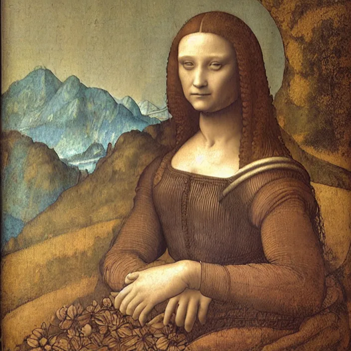 Image similar to a portrait of a woman painted by leonardo da vinci. the woman in the painting is shown seated with her hands folded in her lap. she is wearing a simple dress with a pattern of flowers. her hair is pulled back from her face and she has a small, faint smile. the background of the painting is a landscape of rolling hills and mountains.