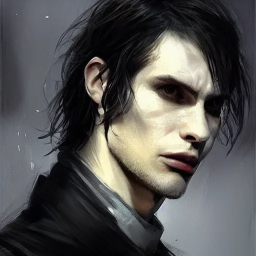 Image similar to portrait of a man by greg rutkowski, he looks like a vampire, long black messy hair, very tall and slender, star wars expanded universe, wearing black robes, he is about 3 0 years old, highly detailed portrait, digital painting, artstation, concept art, smooth, sharp foccus ilustration, artstation hq