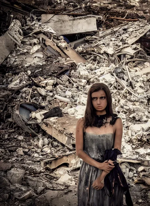 Image similar to award winning photograph miof a dressed young woman amongst rubble, sad face, dirt, dreamlike, low contrast, beatiful composition, 4k