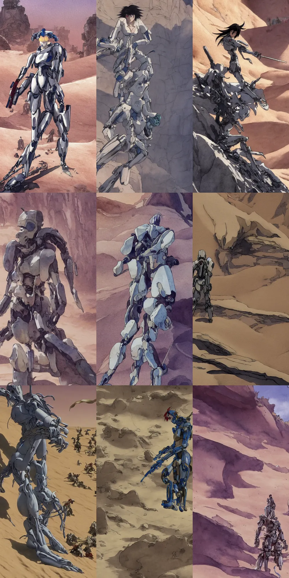 Prompt: incredible screenshot, simple watercolor, masamune shirow ghost in the shell movie scene close up broken Kusanagi, giant robot bonesn spine and ribs in the desert sand dunes, in the desert, crazy looking rocks, deep chasm, rock climbing , nausicaa, cracks, brown mud, dust, take cover, bullet holes,, memorable scene, red, blue, orange, cool hair, odd pipes, metallic reflections, refraction, bounce light, phil hale, Yoji Shinkawa, bright rim light, hd, 4k, remaster, dynamic camera angle, deep 3 point perspective, fish eye, dynamic scene