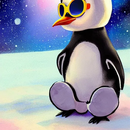 Prompt: digital art of a cute and small penguin! sitting outside on a chair at night while wearing sunglasses, detailed, bright stars, trending on artstation, digital art, award winning art, detailed digital art, painting, trending on pixiv